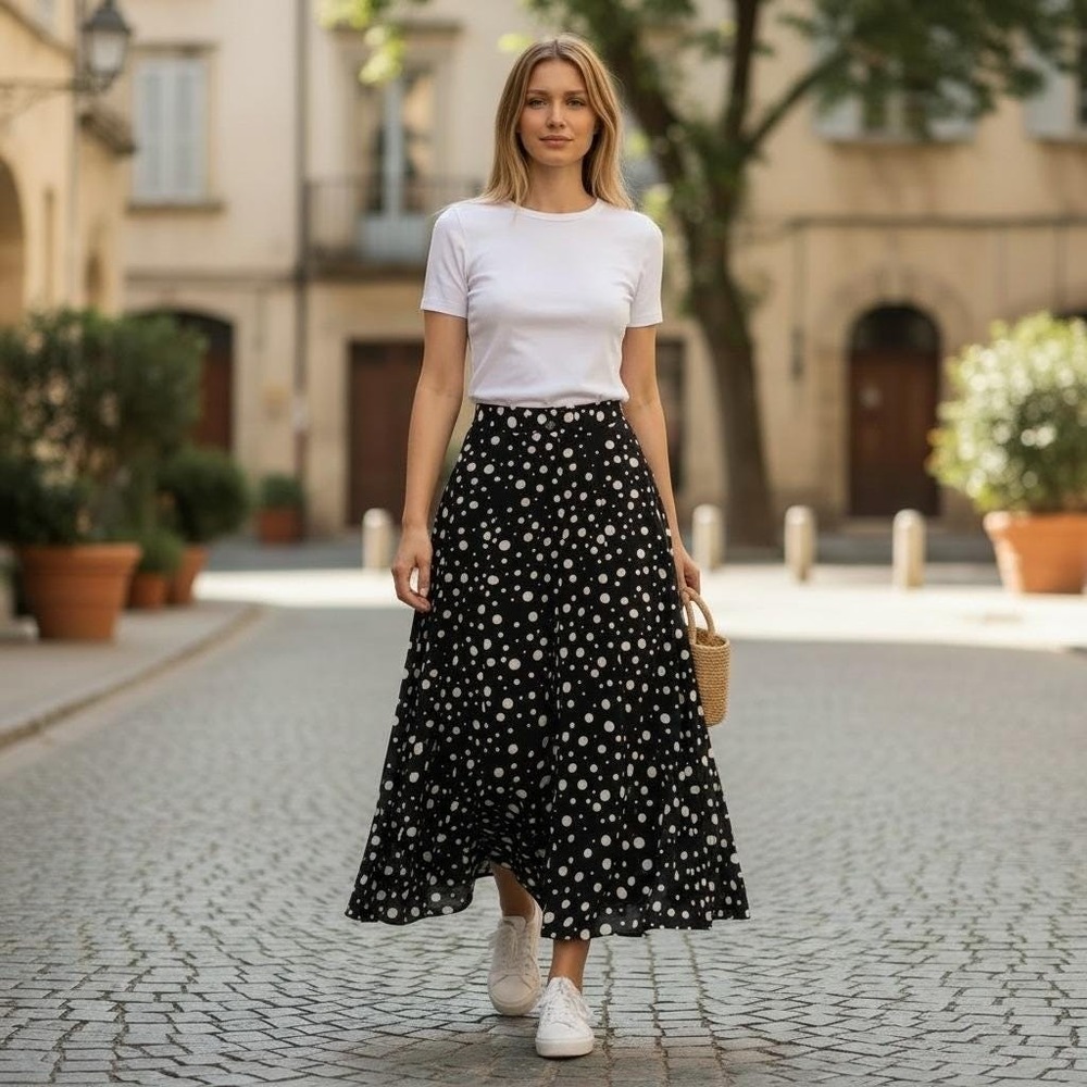 Limited Polka Dot Maxi Skirt M Black White Y2K Rayon Minimalist Flowy Modest